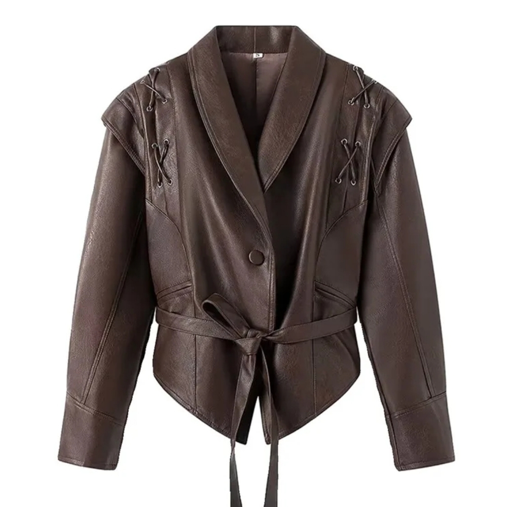 Faux Leather Brown Women Jackets 2024 Belt Lace Up Lapel Female Coat Vintage - Picture 3 of 8